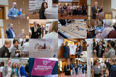 A collage of photos during the Research Symposium at the Virginia Tech Inn. Photo by Andrew Mann for Virginia Tech.